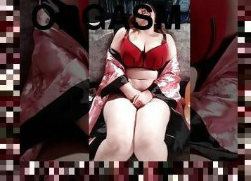 Three Edging Orgasms - BBW WeVibe Vibrator Fetish - Satin Robe, 38G Red Bullet Bra and Sheer Panties