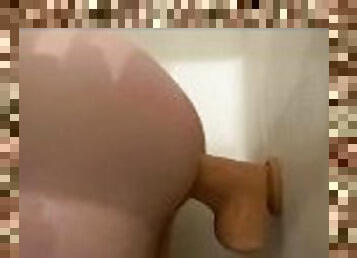 Shower fun with huge dildo