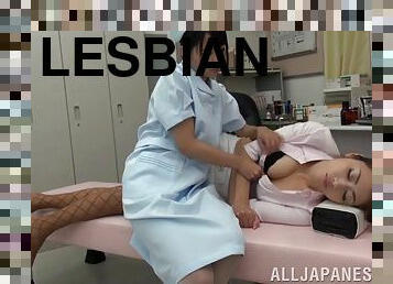 Lesbian nurse and a naughty doctor share a double dildo