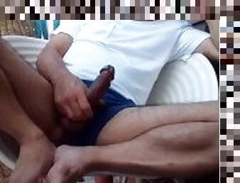 Japanese daddy play with a dick in the summer garden,