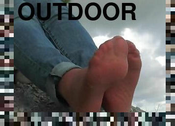 Jeans Feet Teasing In Worned Nylon Socks Outdoor
