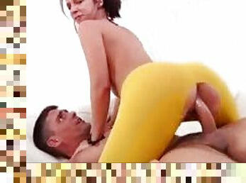 Teen in yellow leggings boned hard