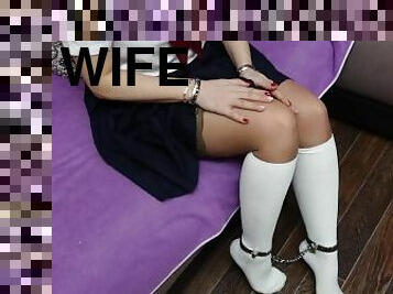 Schoolgirl in shackles and stockings handcuffs girl slave show feet foot fetish