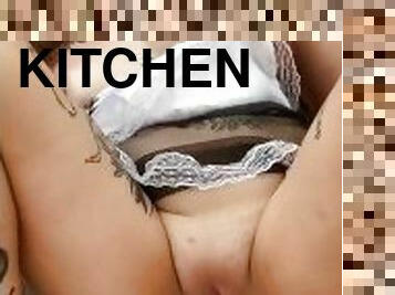 Tattoed cleaning lady masturbates in the kitchen