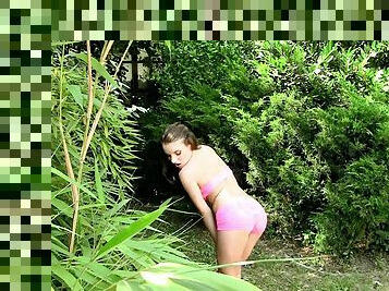 Beautiful small tits girl takes dick in her ass outdoors