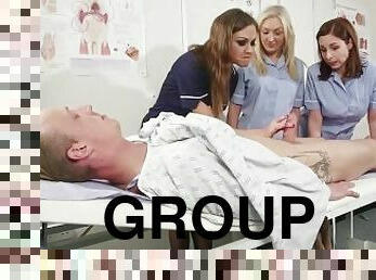 CFNM uniformed nurses jerk and suck their patient in group