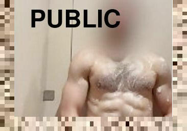 Horny daddy jerks off in the shower of public locker.