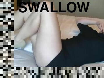bare legs with sweater only teasing and cum swallow