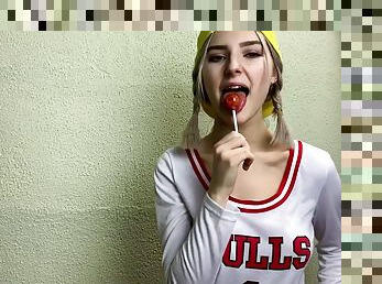 Eva Elfie sucking lollipop and cock - Horny 18yo blonde schoolgirl teases her classmate and gets covered in cum