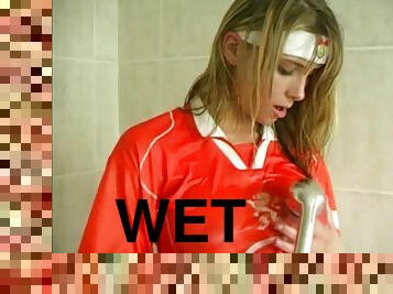 Veronika Lindnerova Playing with Her Clogs in the Shower