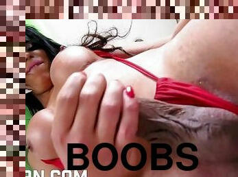 Big boobs brazilian shemale masturbating her big cock in sexy bikini