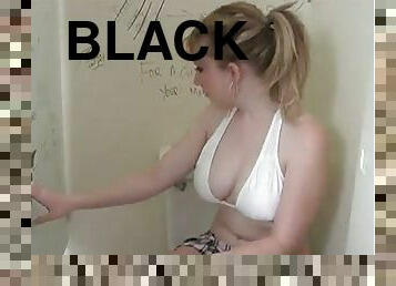 White angel is sucking some cum out of a black cock