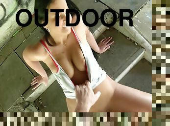 POV outdoor amateur blowjob with busty Jennifer Mendez