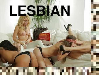 Five insatiable lesbians have fun in the living room