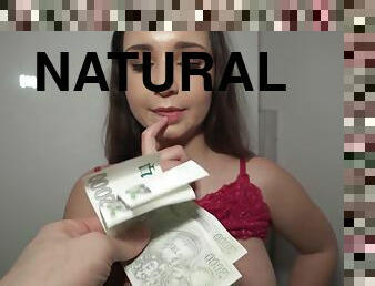 Frisky brunette with big naturals gives up her pussy for some cash