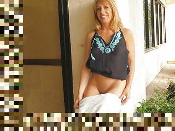 Shameless MILF strips outdoors