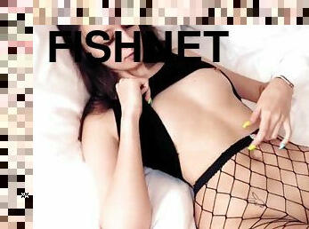 Cute girlfriend in fishnet gets fucked in a hotel room