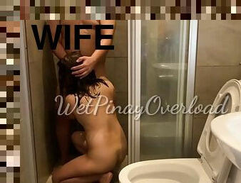 Wild fuck in the shower with a pinay wife and a stranger