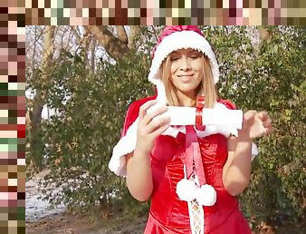 Wonderful blonde in Christmas suit got picked from the woods