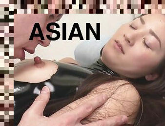 Adorable Asian babe excitingly masturbates shaved pussy before sucking hairy dick