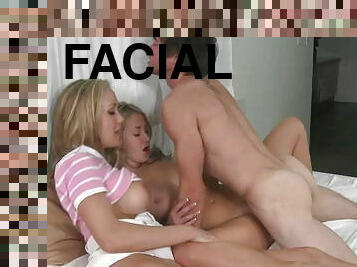 Girl takes facial cumshot with help of Mom