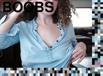 Brunette with big boobs masturbates on webcam