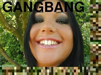 Funny brunette Angelica gangbang video