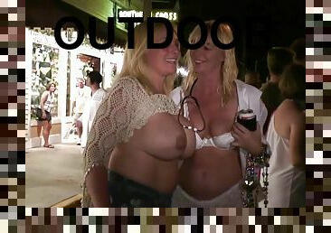 Outdoor halloween Party Girls public boobs flashing