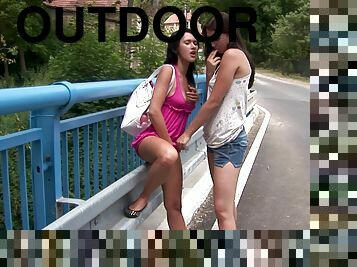 Outdoor lesbian fingering in the forest with hot ass chicks