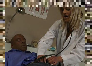 Hot blonde doctor Klarisa Leone loves sucking and riding black cocks