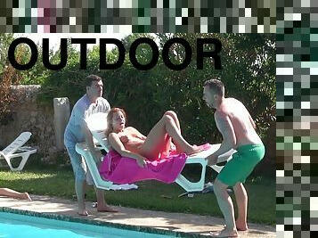 Rough outdoor gangbang with brunette Bianca Ferrero & her lovers