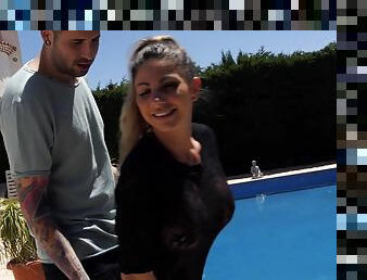 Lily Veroni enjoys while being fucked outdoors by the pool