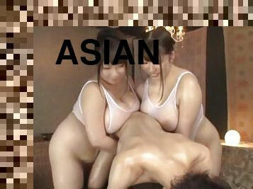 Lucky man gets his dick pleasured by two chubby Asian chicks