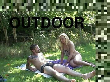 Outdoor MMF threesome with blonde Lana Brillant and her lovers