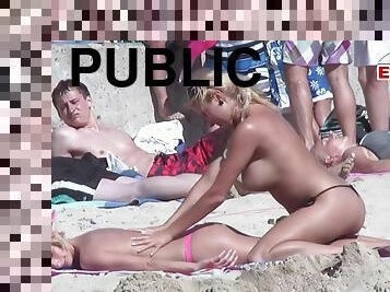 PUBLIC BEACH VOYEUR - German teens try lesbian games in mallorca holiday