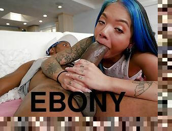 Ebony chick Paisley Paige opens her legs to ride a large dick