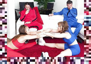 Hardcore group fucking on the sofa with Gia Derza and her friends