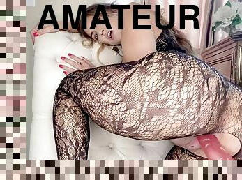 webcam masturbation - big ass blonde in fishnet bodystocking with dildo toy