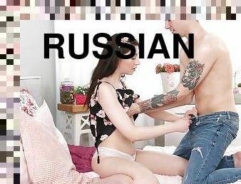 Cute brunette Russian teen Rin White wants to ride his hard dick