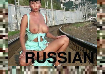 Naughty Russian MILF Lada - Nude on railway - Public flashing & nudity outdoors