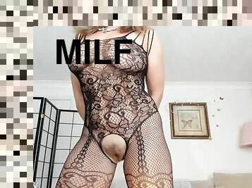 Milf plays toy - Big natural tits in fishnet body stockings