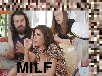 Filthy brunette MILF pornstar with monster tits in fetish group scene