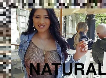 Sheerly Sexy: Latina babe flashing big naturals outdoor on public before fuck Ian Scott and Ava Black