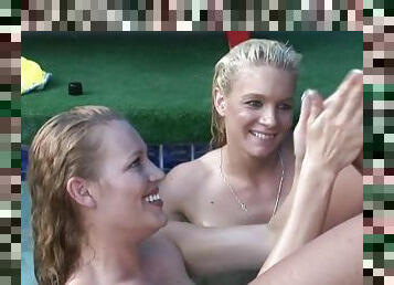 Pool side handjob 3some and sensual wank from 2 hot busty chicks