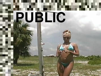 She Strips Out Of Her Suit In A Public Beach Shower