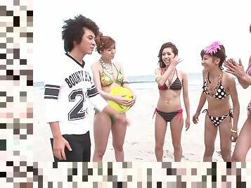Guys give four Aisan sexy beach babes orgry fuck of their life