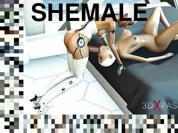 A sexy female adroid shemale plays with a young blonde in the space station