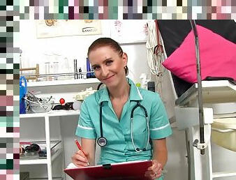 Naughty nurse opens pussy and takes different tools into it