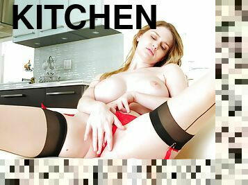 Sweet blondie Bunny Colby moans while playing in the kitchen