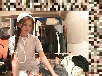 Pretty Japanese nurse Ameri Ichinose sucks a patient's dick